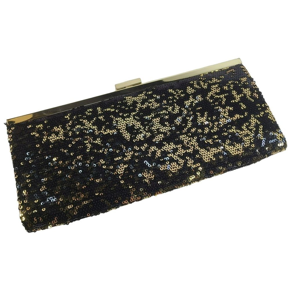 Style & CO Evening Bag Clutch Sequin Black Gold Spring Latch Top